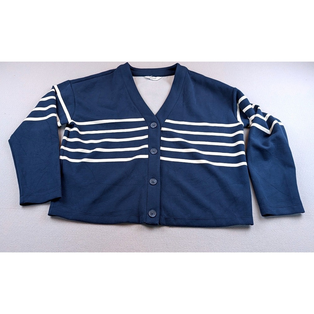 Spanx‎ AirEssentials Cardigan Navy Blue White Striped Button Front Sweater Small
